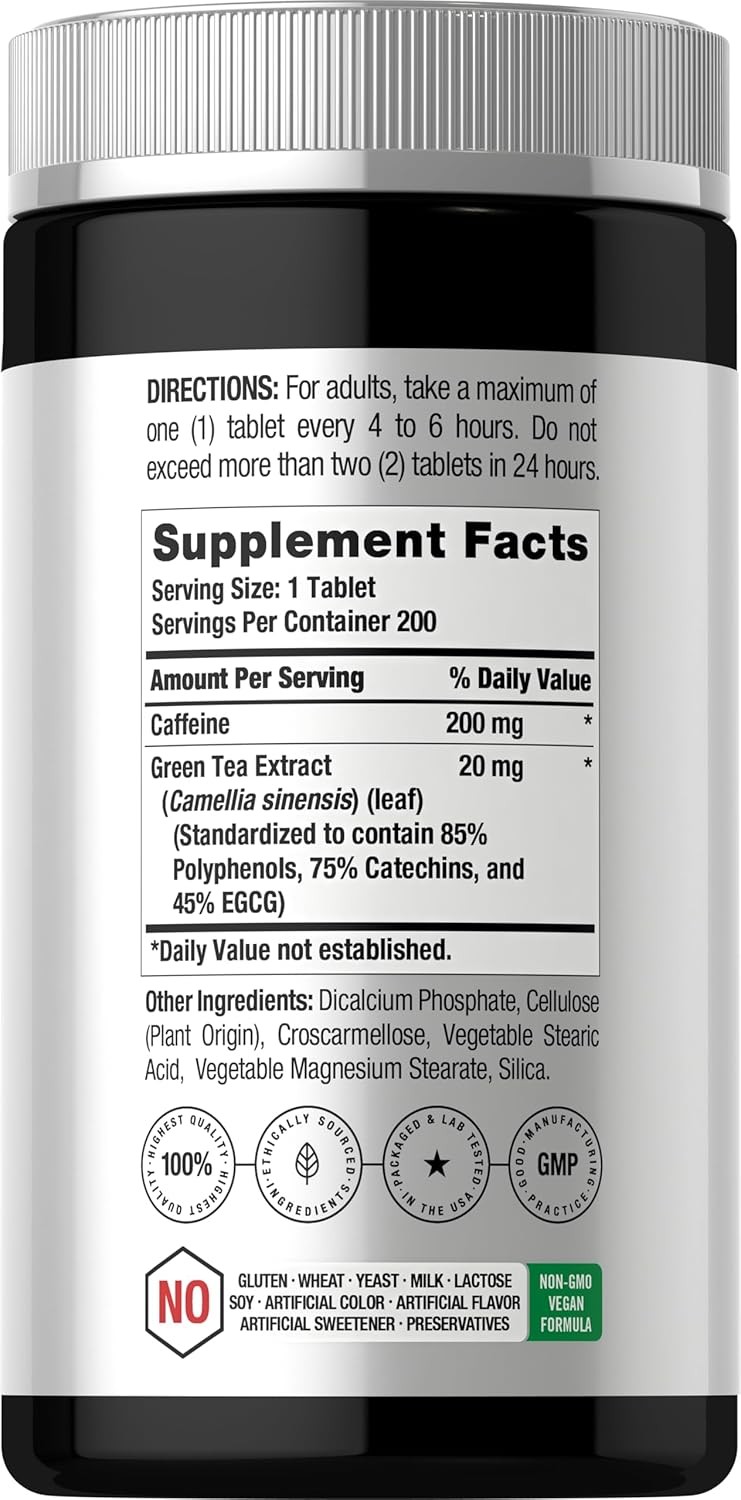 Caffeine Pills 200mg | with Green Tea | 200 Tablets | Vegetarian | by Horbaach