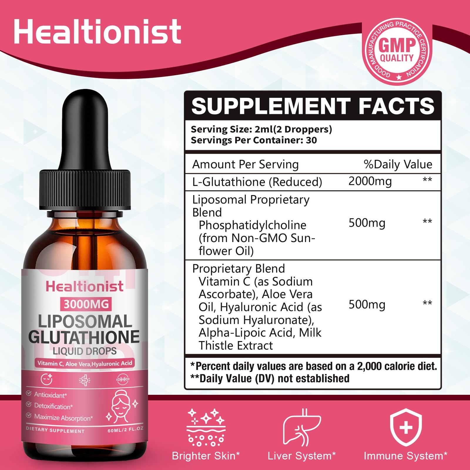 Healtionist 2 Pack 3000mg Liposomal Glutathione Liquid 2 Fl Oz (Pack of 2)