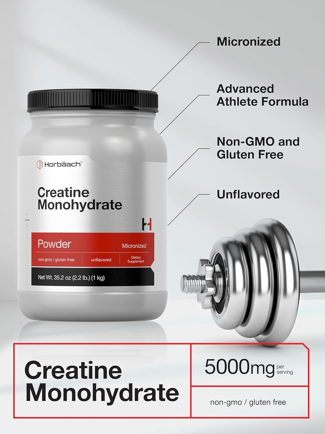 Creatine Monohydrate Powder | 2.2lbs | Purity Tested | Vegetarian | by Horbaach