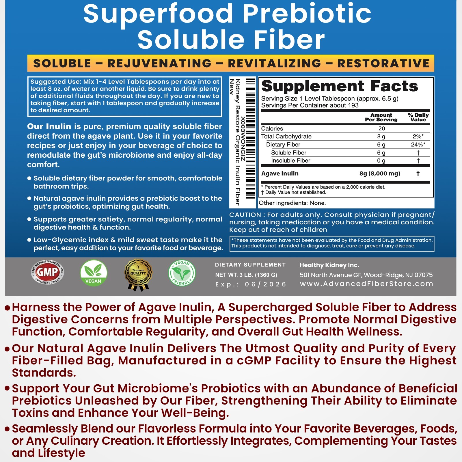 Inulin Powder 48oz Gentle Agave Inulin Powder Prebiotic Soluble Inulin