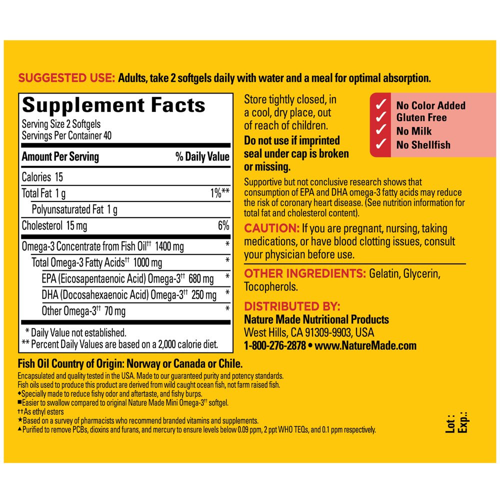 Nature Made Burp-Less Omega-3 from Fish Oil 1400 Mg Minis Softgels, 80 Count