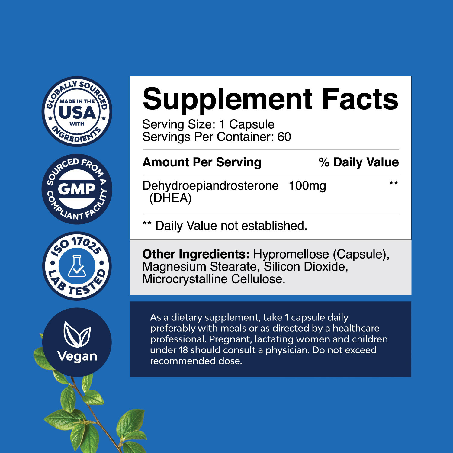 DHEA 100mg Per Serving for Men and Women – Vegan High Strength DHEA Supplement
