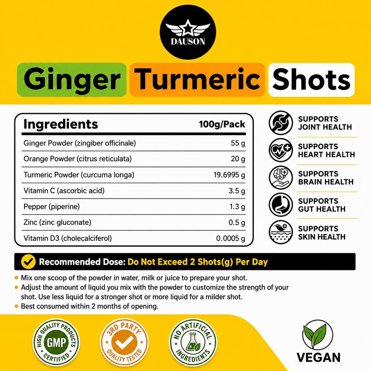DAUSON Ginger Shots | Daily Wellness 100 Servings (Pack of 1), Yellow