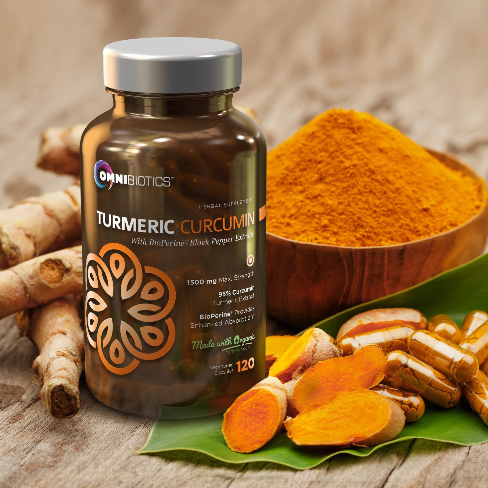 OmniBiotics Organic Turmeric Curcumin Supplement with 120 Count (Pack of 1)