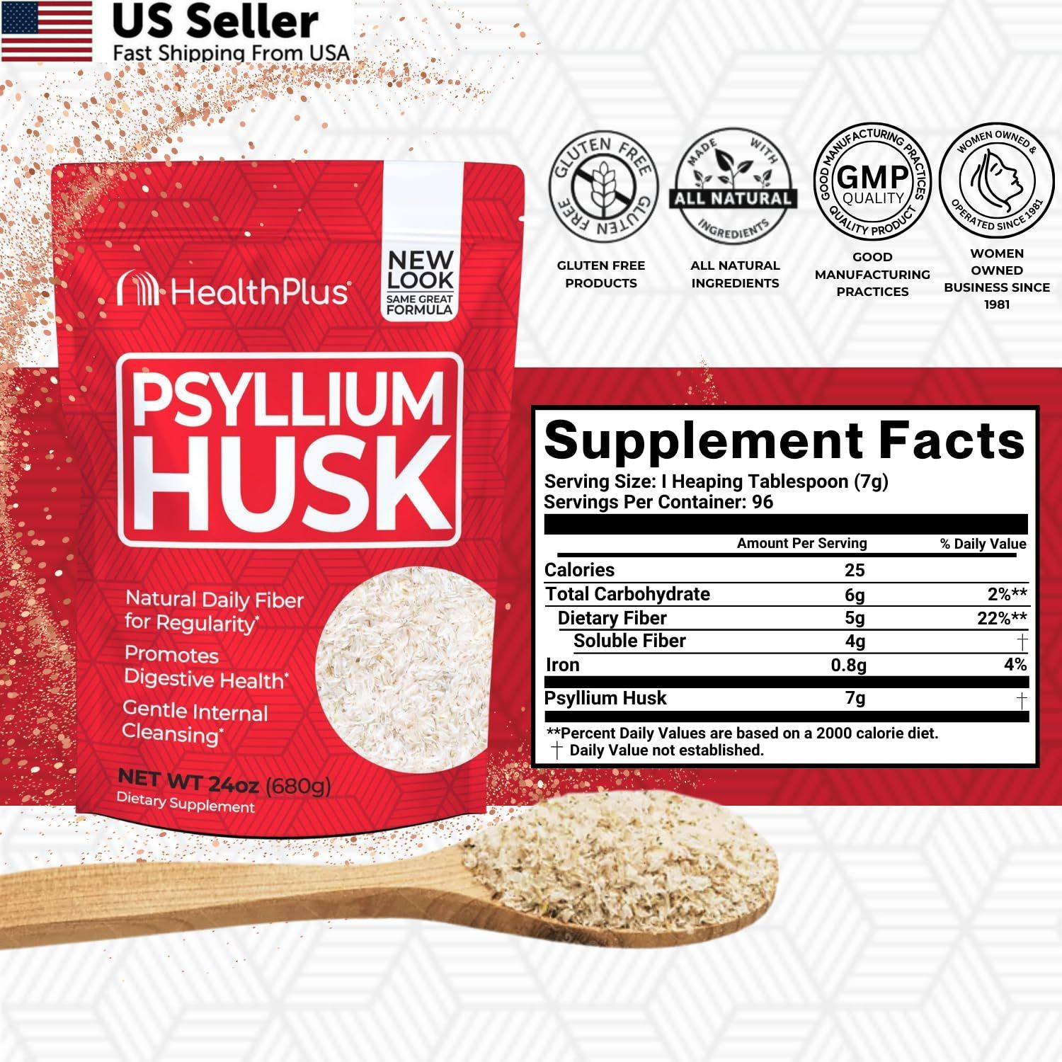 Health Plus, Psyllium Husk, 24 oz, 96 1.5 Pound (Pack of 1), 083502401223