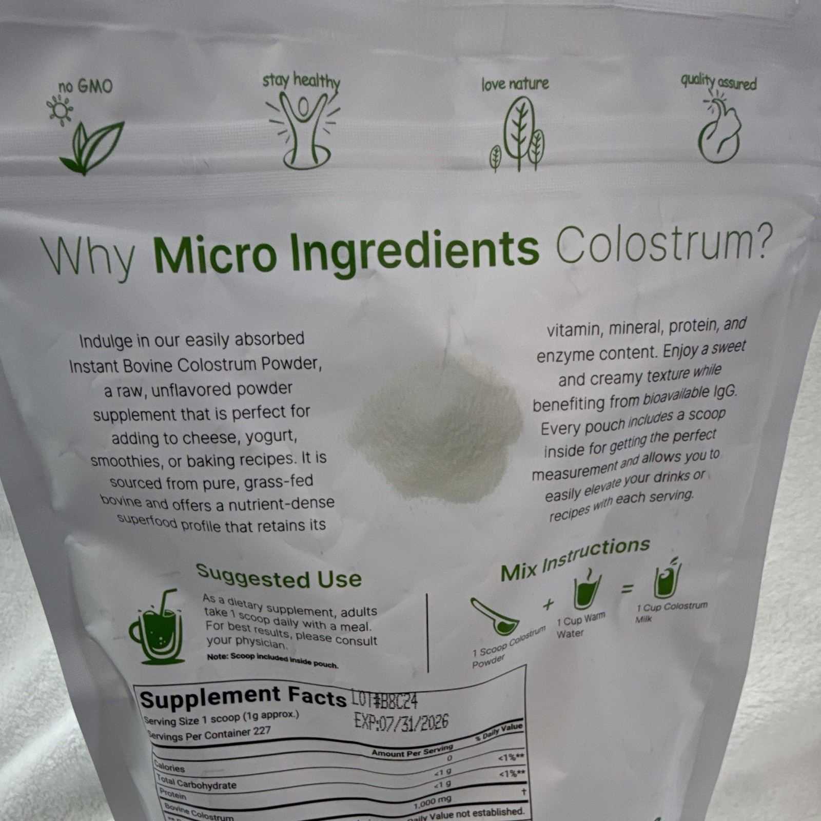 Micro Ingredients Bovine Colostrum Powder Unflavored Grass Fed 8 oz 07/2026
