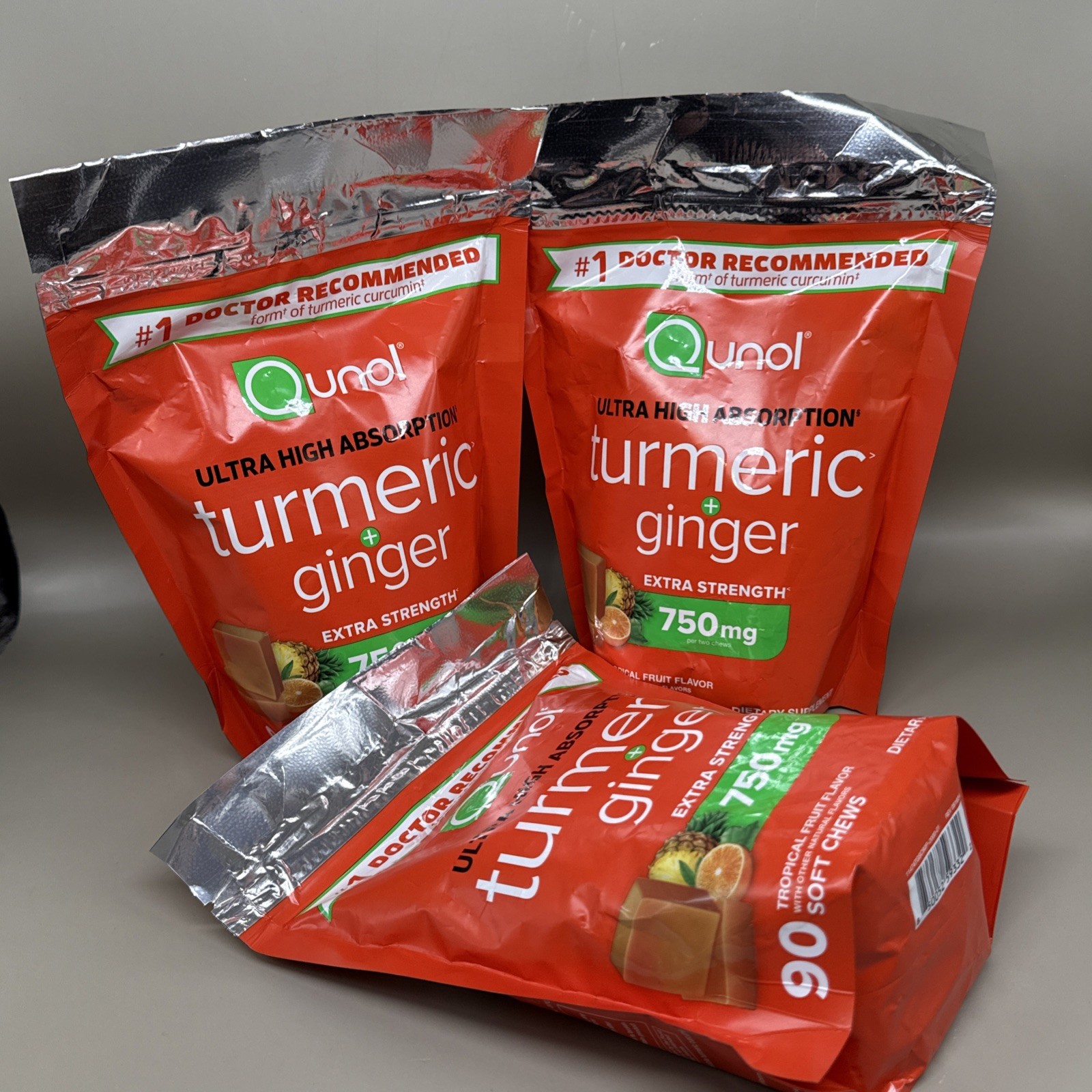 3 packs Qunol Turmeric + Ginger 750 mg Fruit Flavor 90 Soft Chews Exp 07/13/2026