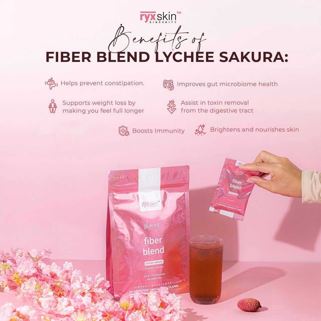 Ryxskin Fiber Blend Lychee Sakura Powdered Mix, 10 Sachets