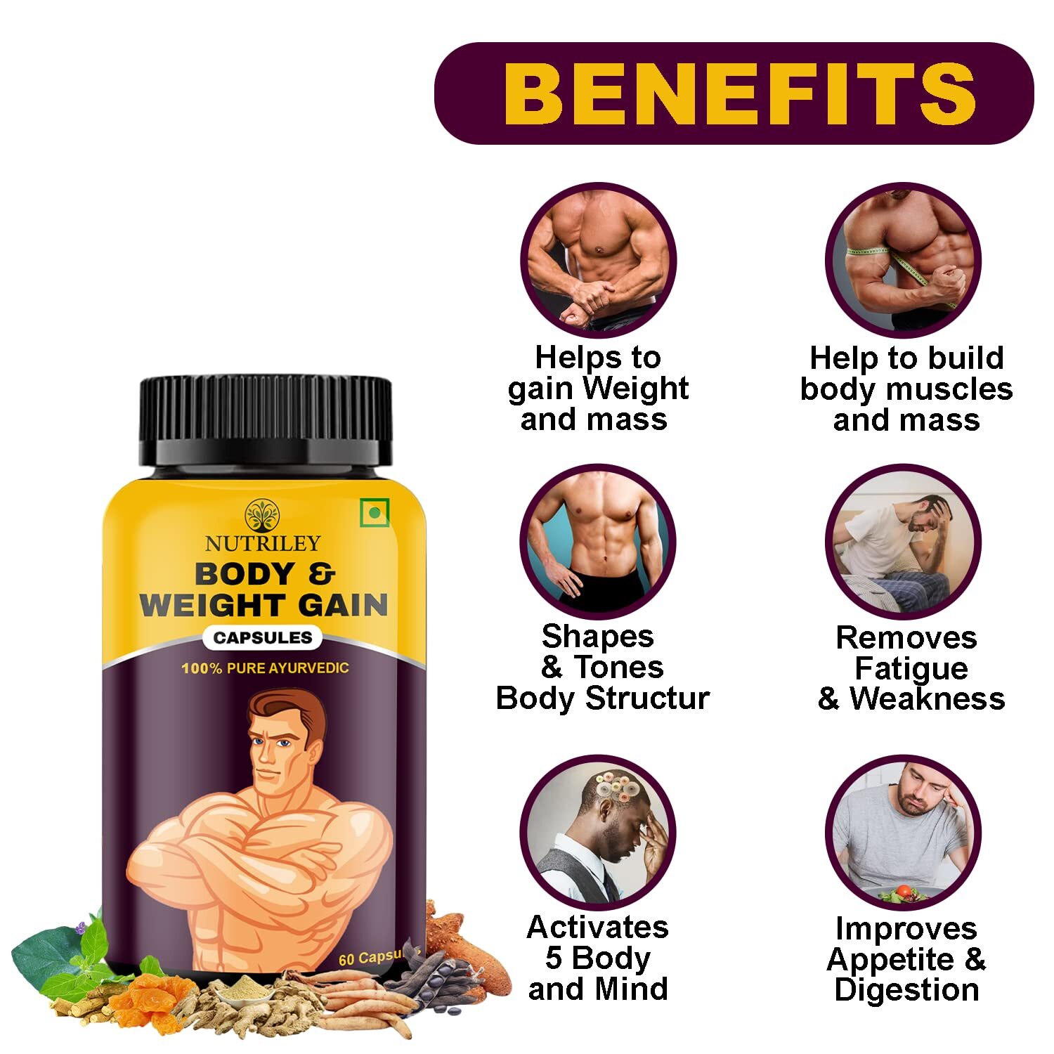 Nutriley Body And Weight Gain Capsules For Unisex Set Of 60 Caps