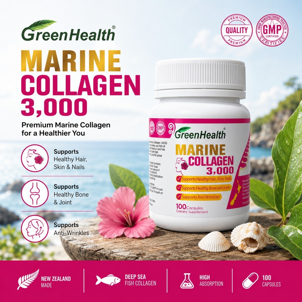 New Zealand Marine Collagen 3000mg x 100 vege capsules