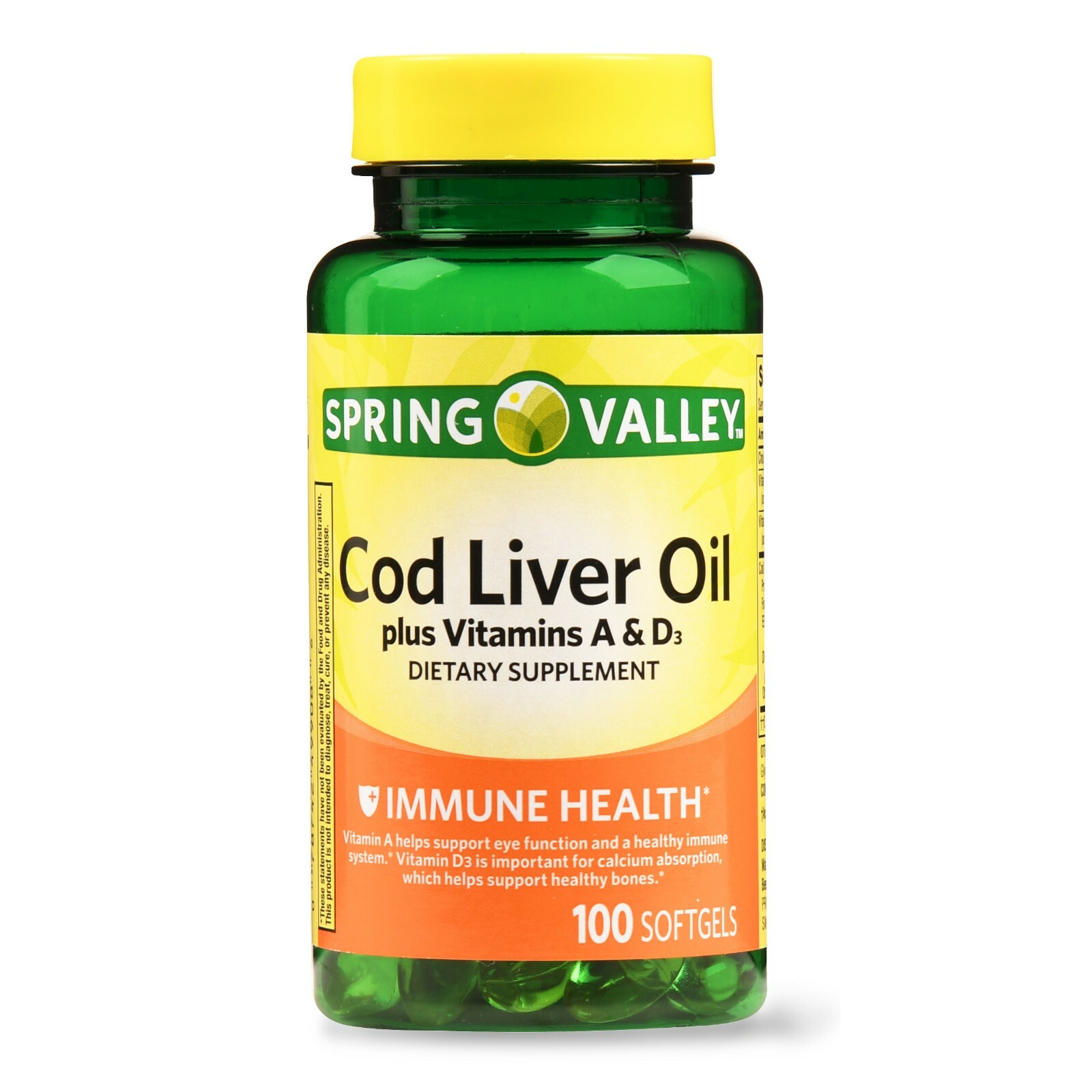 Spring Valley Cod Liver Oil Plus Vitamin A & D Softgels, 100 Count..+