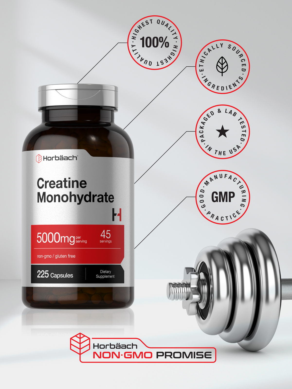 Creatine Monohydrate | 5g | 225 Capsules | Non-GMO, Gluten Free | by Horbaach