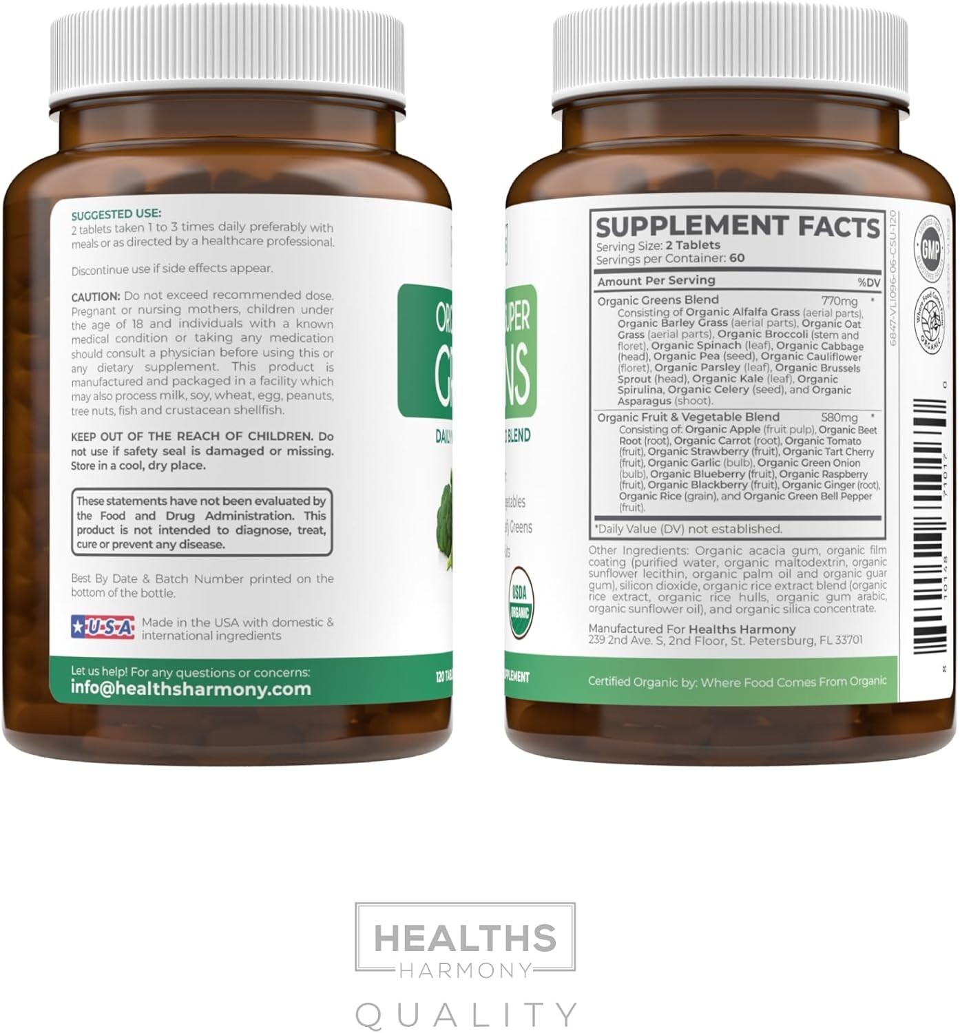 Health’s Harmony USDA Organic Greens, 120 Tablets Convenient Pills Energy Gut
