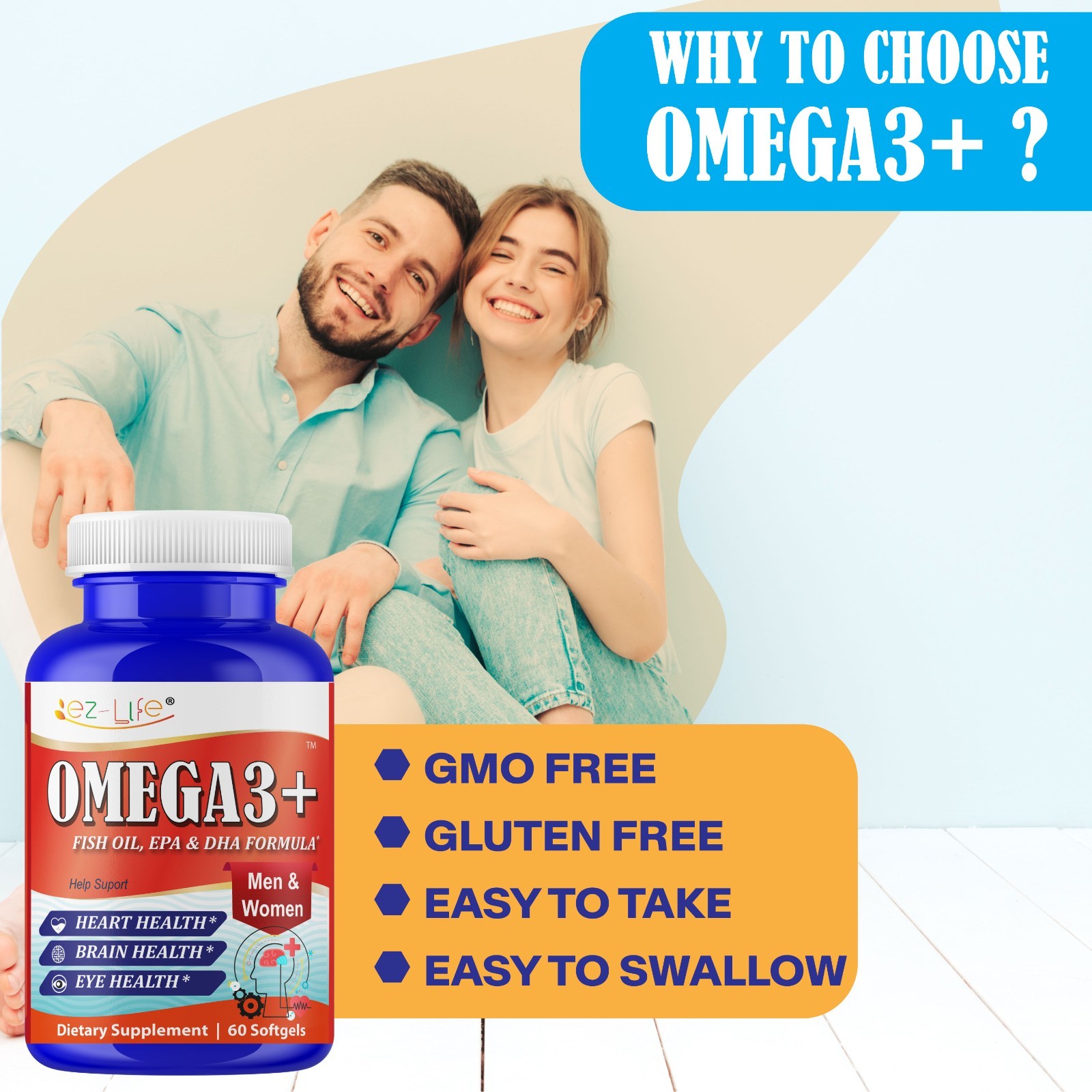 Fish Oil EPA DHA Omega 3 Supplement for Brain Heart Eye Support- 60 Softgels