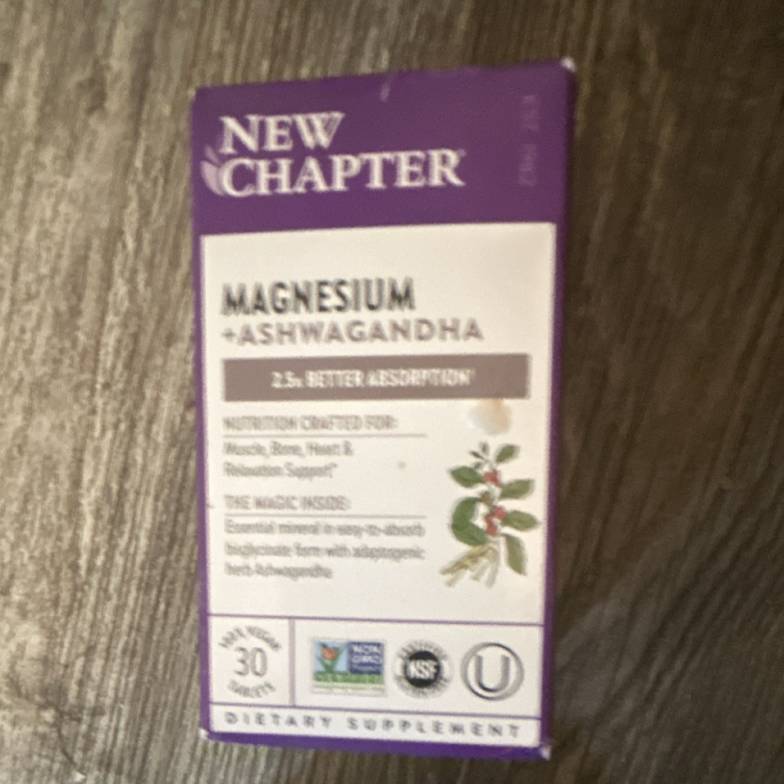 New Chapter Magnesium Ashwagandha Tablets NSF Certified Non-GMO Vegan 30