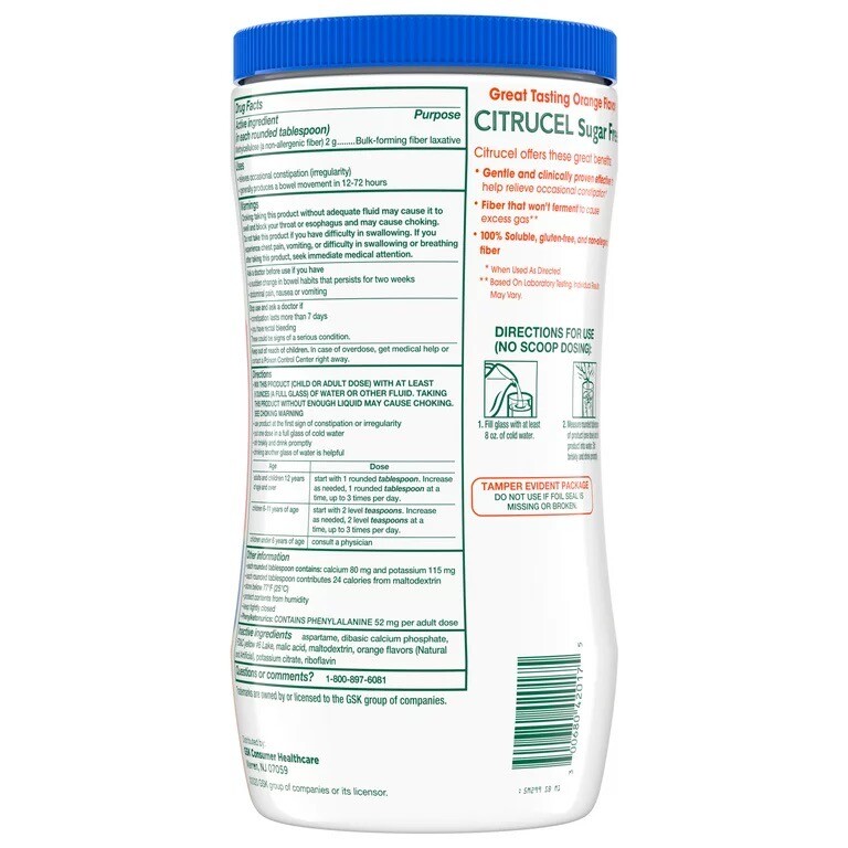 Citrucel Fiber Therapy Powder, Orange 🍊 16.9 Oz