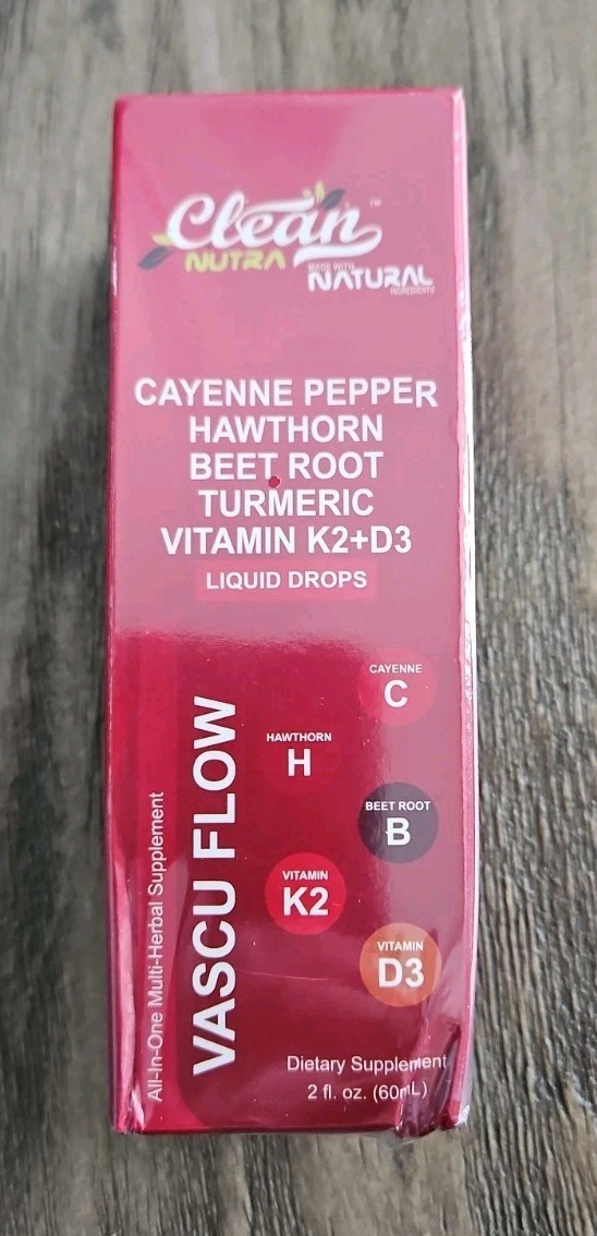 Clean Nutra Natural Vascu Flow Liquid Drops Cayenne Hawthorn Turmeric 2oz 2/27