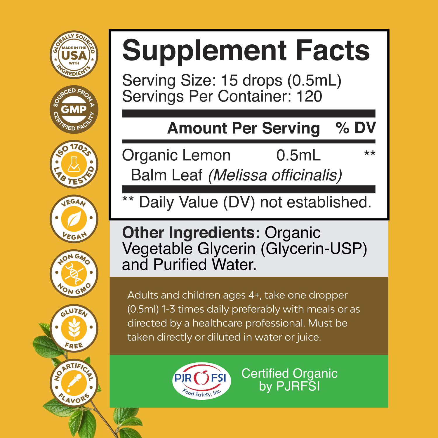 Organic Lemon Balm Extract for Immune & Mood Support Vegan Non-GMO 120 servings