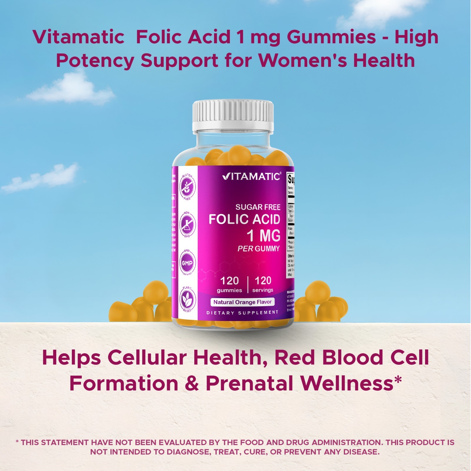 2- Pack Vitamatic Folic Acid Gummies 1000 mcg Vitamin B9 – 120 Vegan Gummies