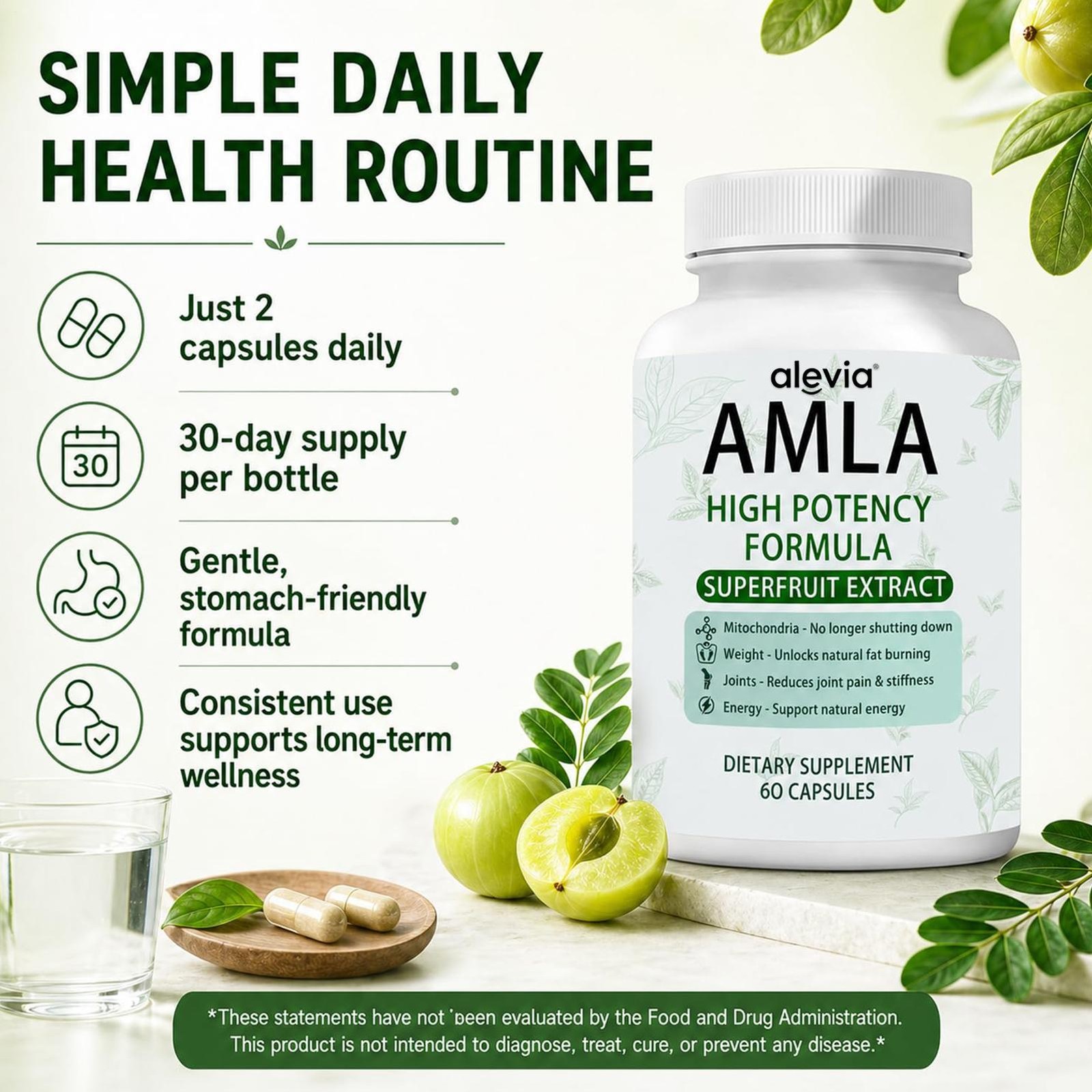 2 X Alevia Organic Amla Capsules 1000mg Indian Gooseberry Antioxidant Supple 60c