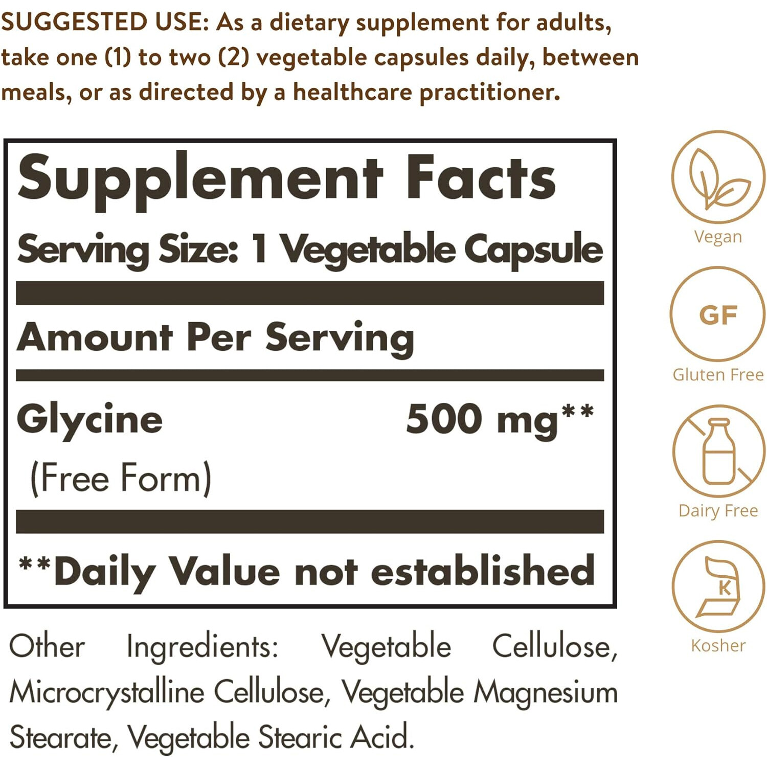 Solgar Glycine, 500 mg, 100 Vegetable Capsules