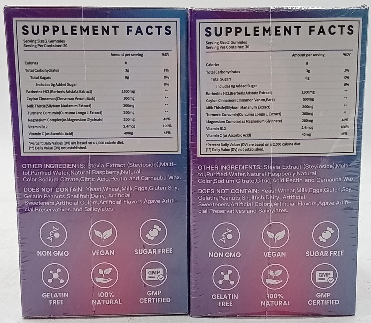 MXQ LK Berberine Gummies 1500mg 60 Raspberry Vegan Sugar Free Lot of 2