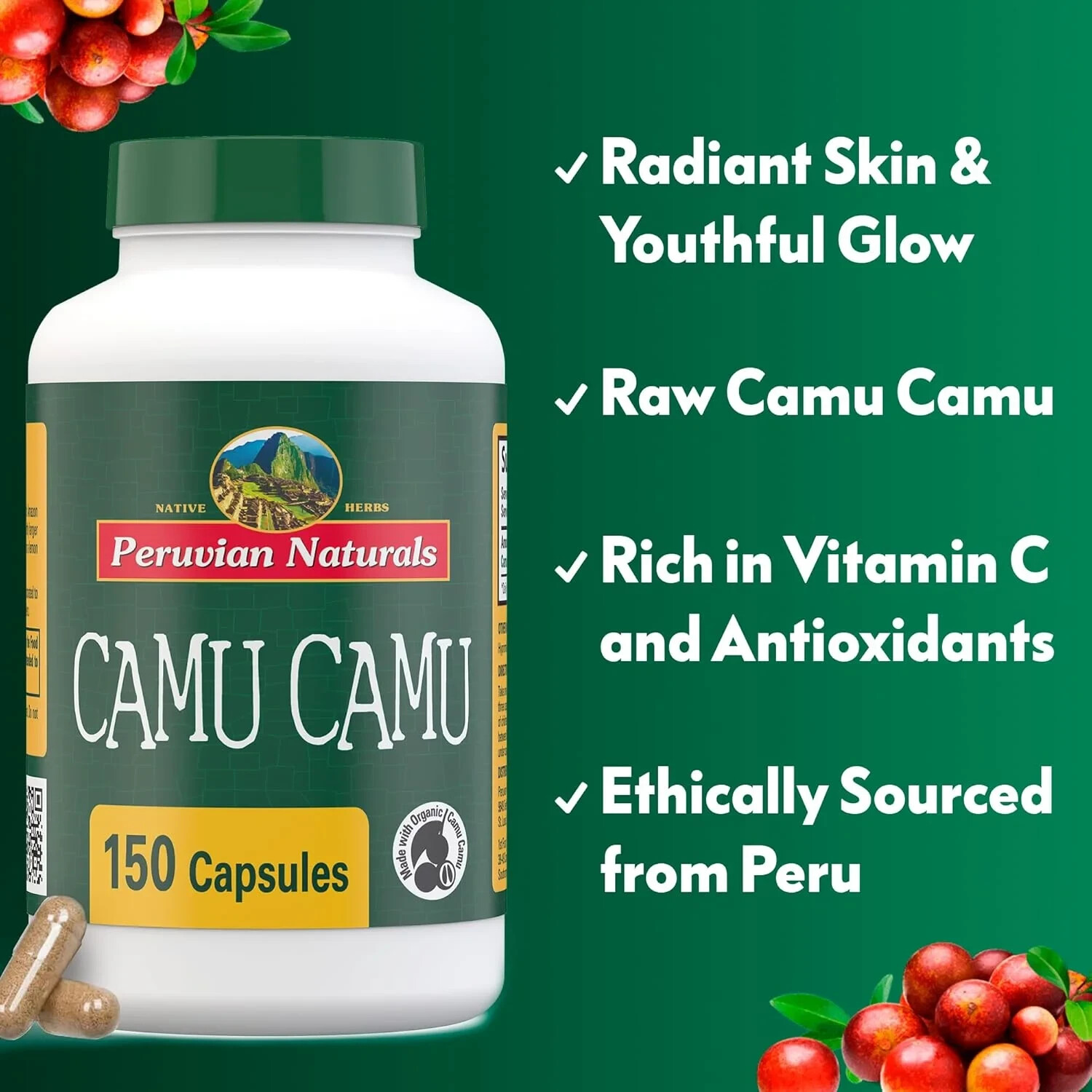 Organic Camu Camu Capsules – 150 Vegan Pills Raw Berry Supplement from Peru