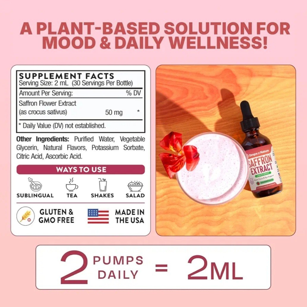 Drops Of Nature Pure Saffron Extract Supplement Liquid 2 fl oz Strawberry Mood