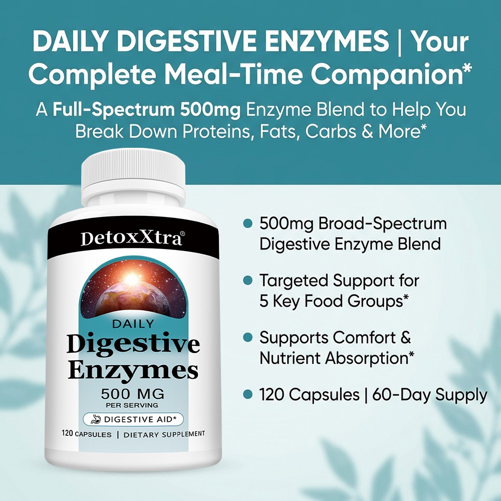 Daily Digestive Enzymes 500mg – Support for Protein, Fat, Carbs 30/60/120Caps