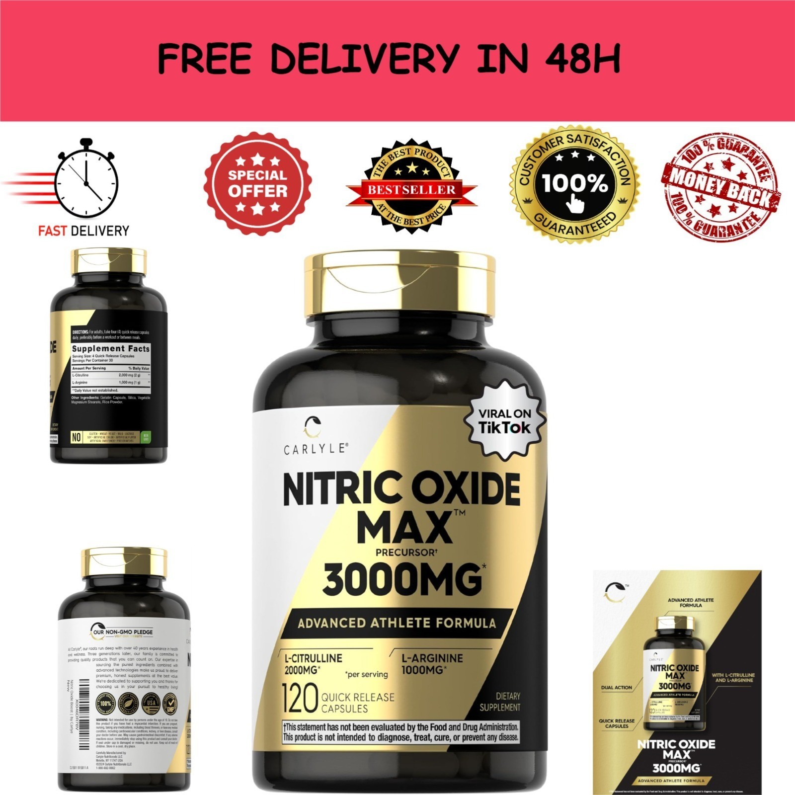 Carlyle Nitric Oxide Supplement 3000mg | 120 Capsules | L-Arginine &