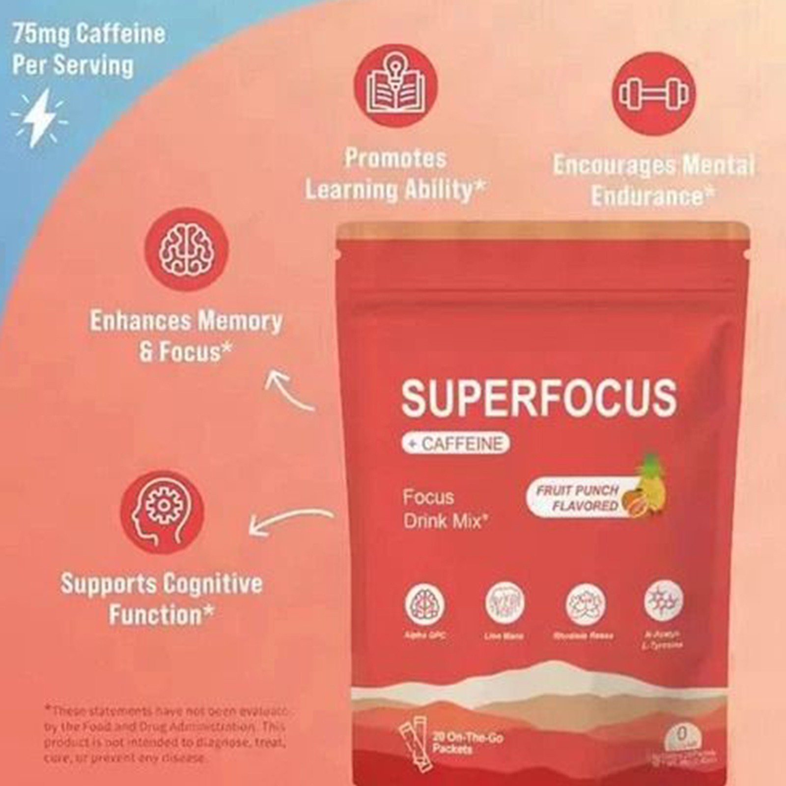 SuperFocus Fruit Punch Drink Mix 20 Packets – Mental Alertness Support – Caffein