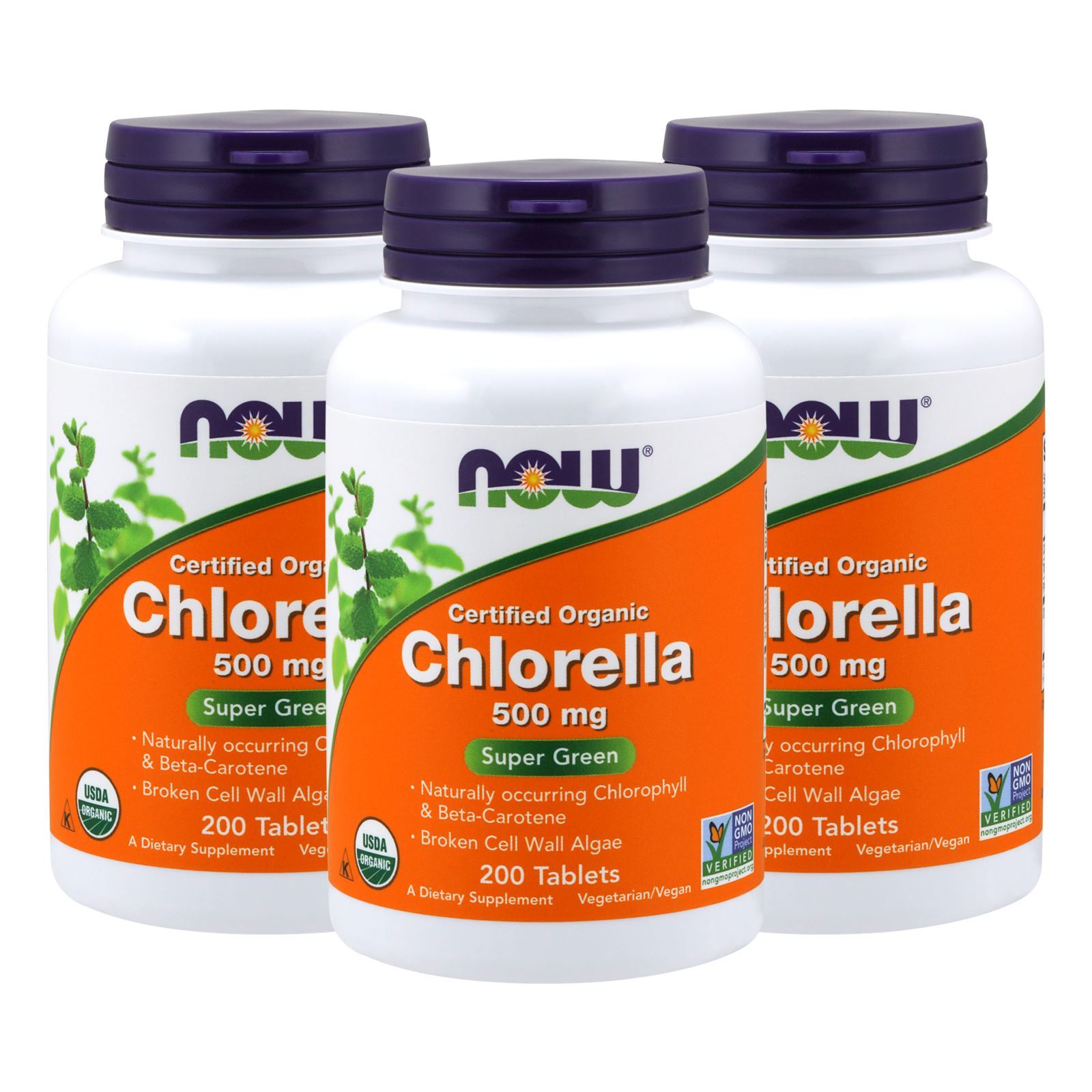 3 x NOW Chlorella 500 mg 200 Tabs USDA Certified Organic Green Superfood
