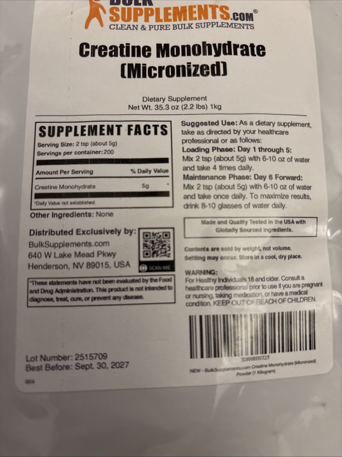 Bulk Supplements Creatine Monohydrate Micronized No Flavor 35 Oz 1 Kg Exp 2027