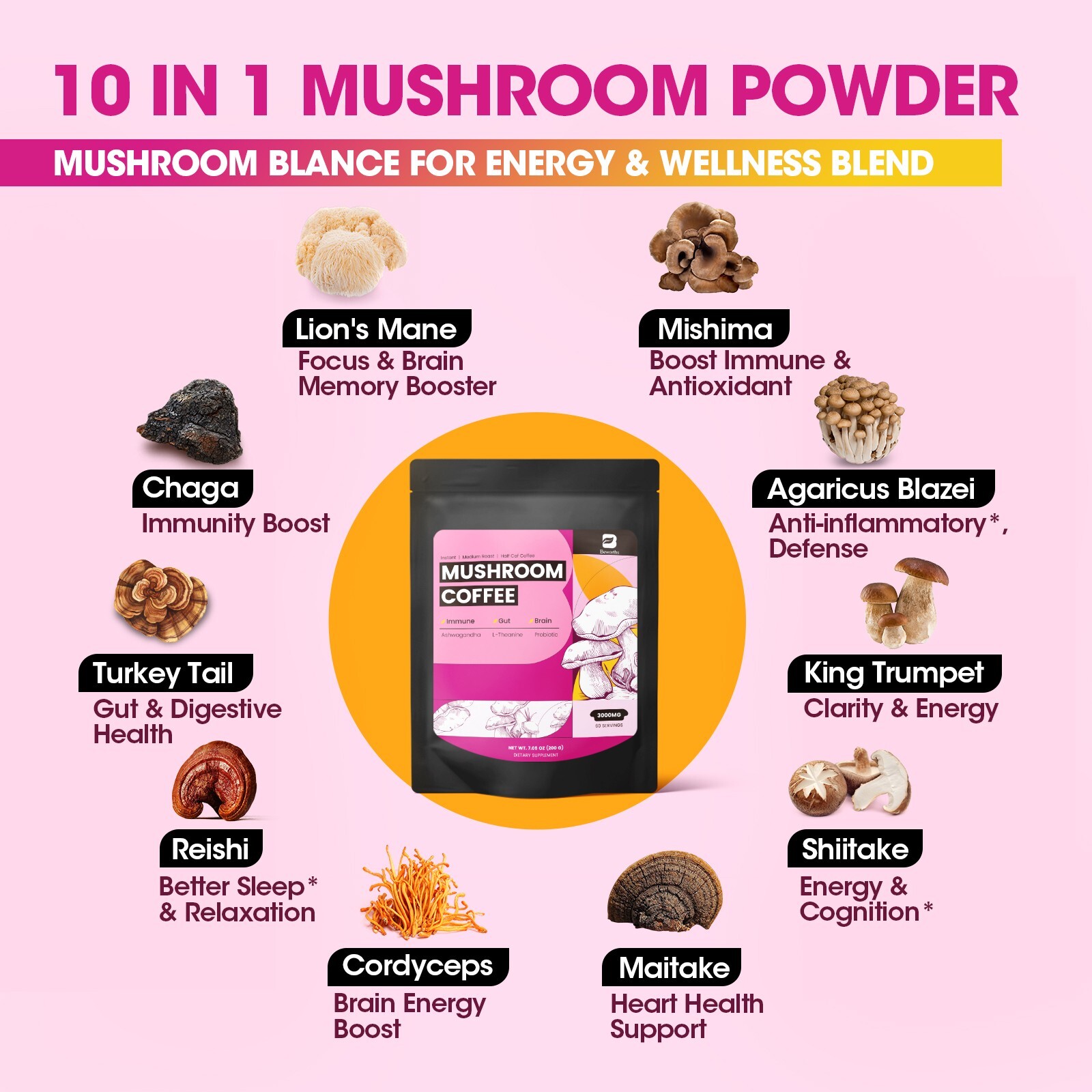 Organic Mushroom Coffee with Lion’s Mane & Chaga – Instant Powder, 60 Servings