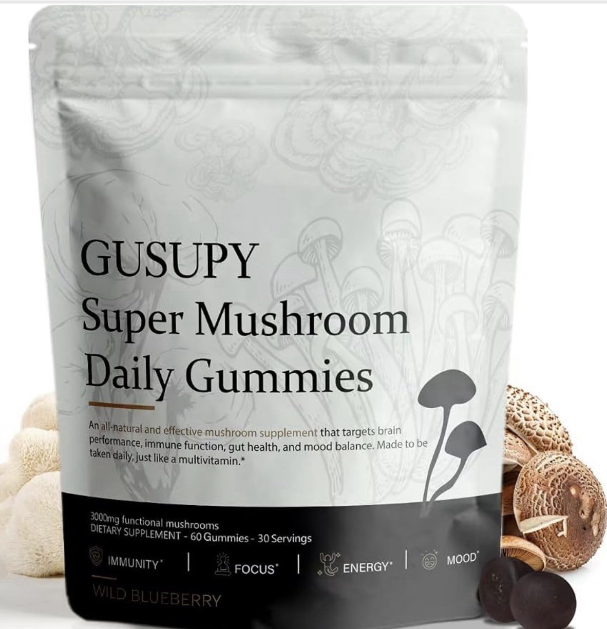 GUSUPY Super Mushroom Daily Gummies Wild Blueberry 60ct 300mg GF Exp 12/2027