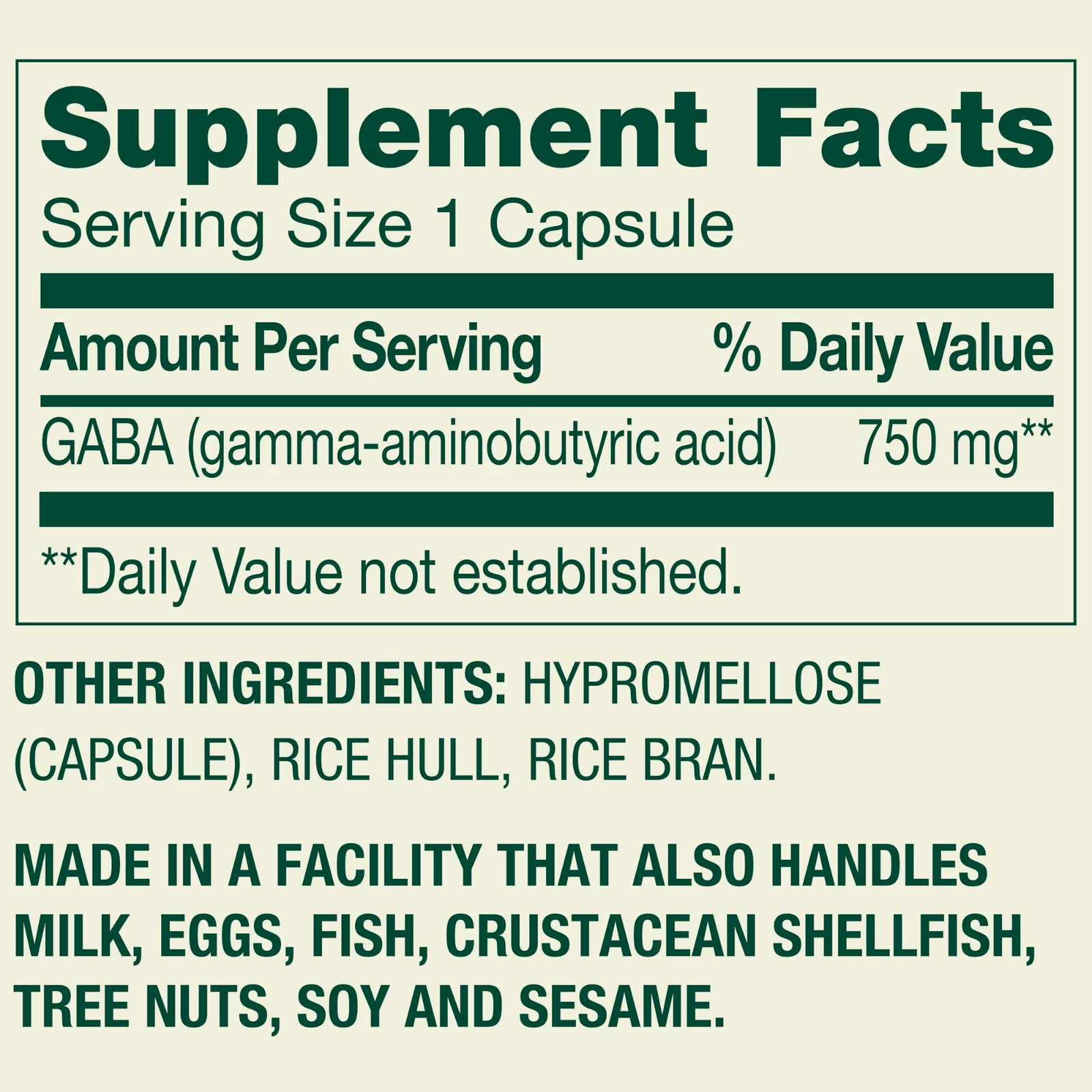 Spring Valley GABA 750 mg Mood Health Dietary Supplement 100 Capsules