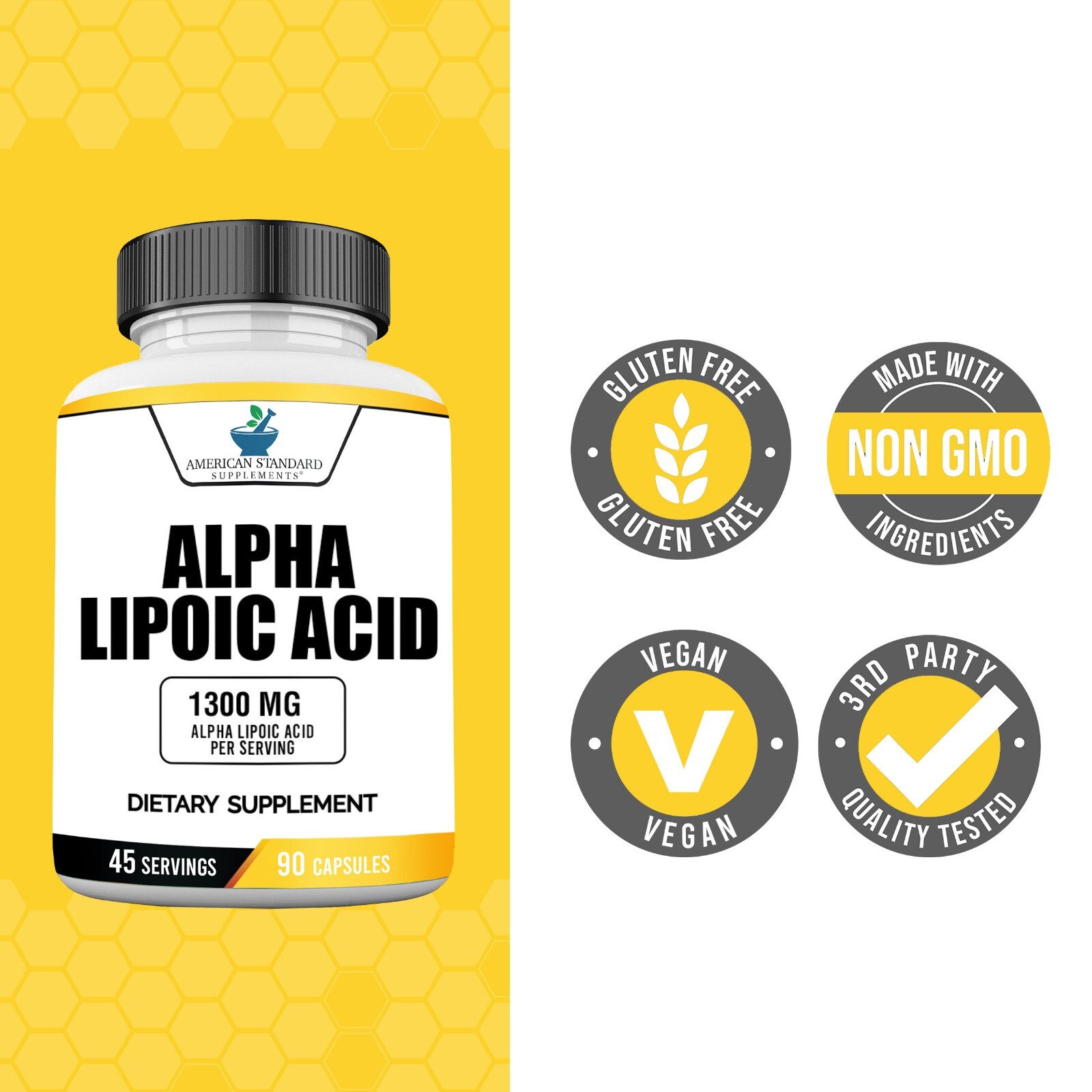 Alpha Lipoic Acid 1300mg Per Serving – Vegan, Gluten Free, Non-GMO, 60 Capsules