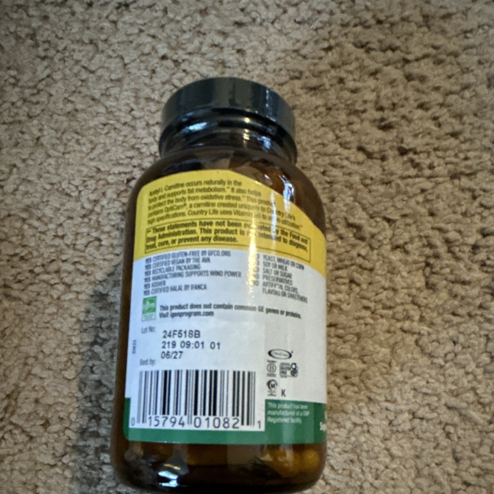 Country Life Acetyl L-Carnitine 500mg 120 Vegan Capsules Gluten-Free