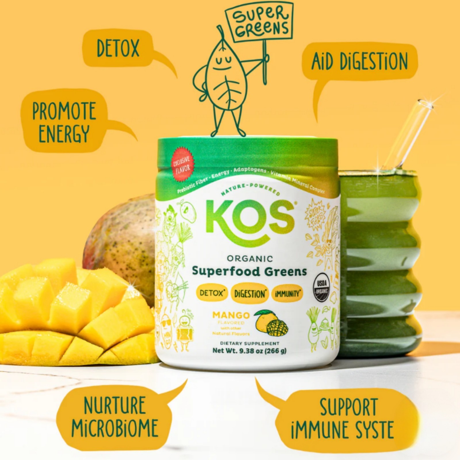 Kos Organic Superfood Greens Mango Flavor 9.38 oz Detox Digestion Immunity