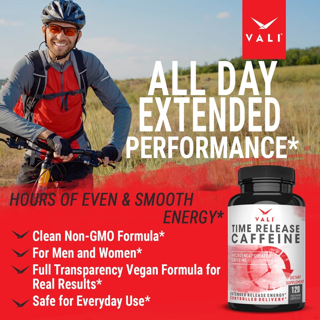 VALI Time Release Caffeine – Microencapsulated Caffeine, 120 Veg Capsules