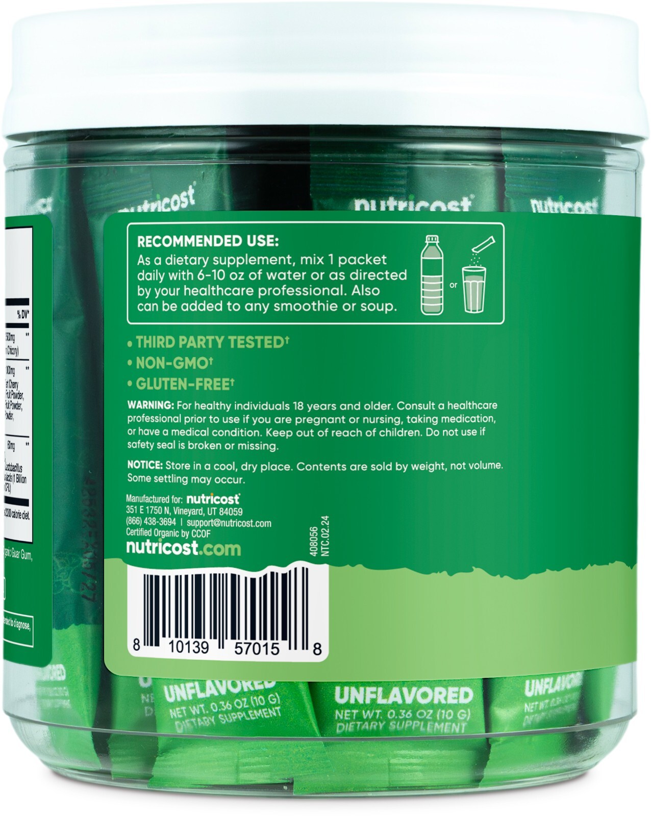 Nutricost Organic Super Greens (Unflavored) 20 Stickpacks – Gluten-Free, Non-GMO