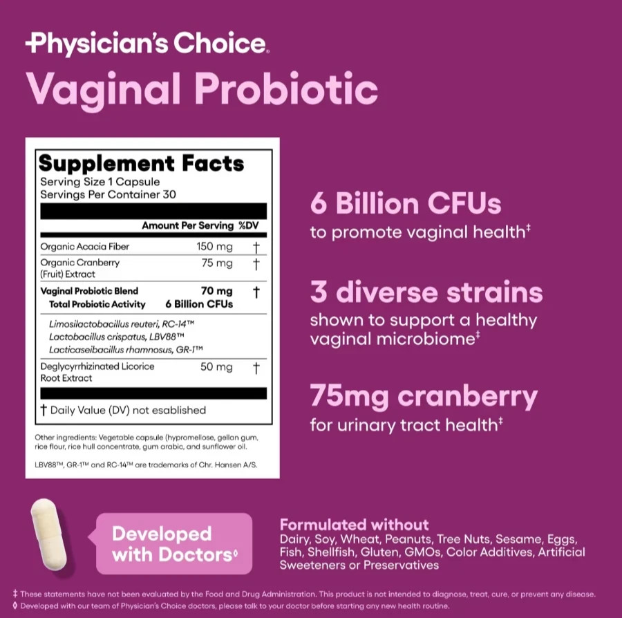 Choice Vaginal Probiotic 30 Caps – pH Balance, Cranberry, 6B CFUs Physician’s