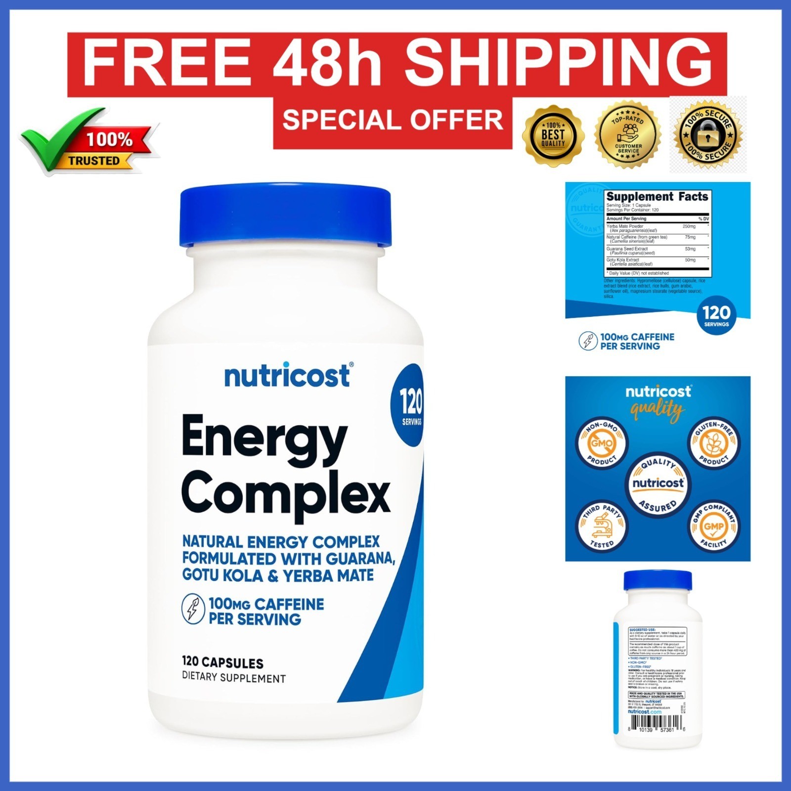 Nutricost Natural Energy Pills 120 Capsules – 100mg Caffeine – Gluten Free