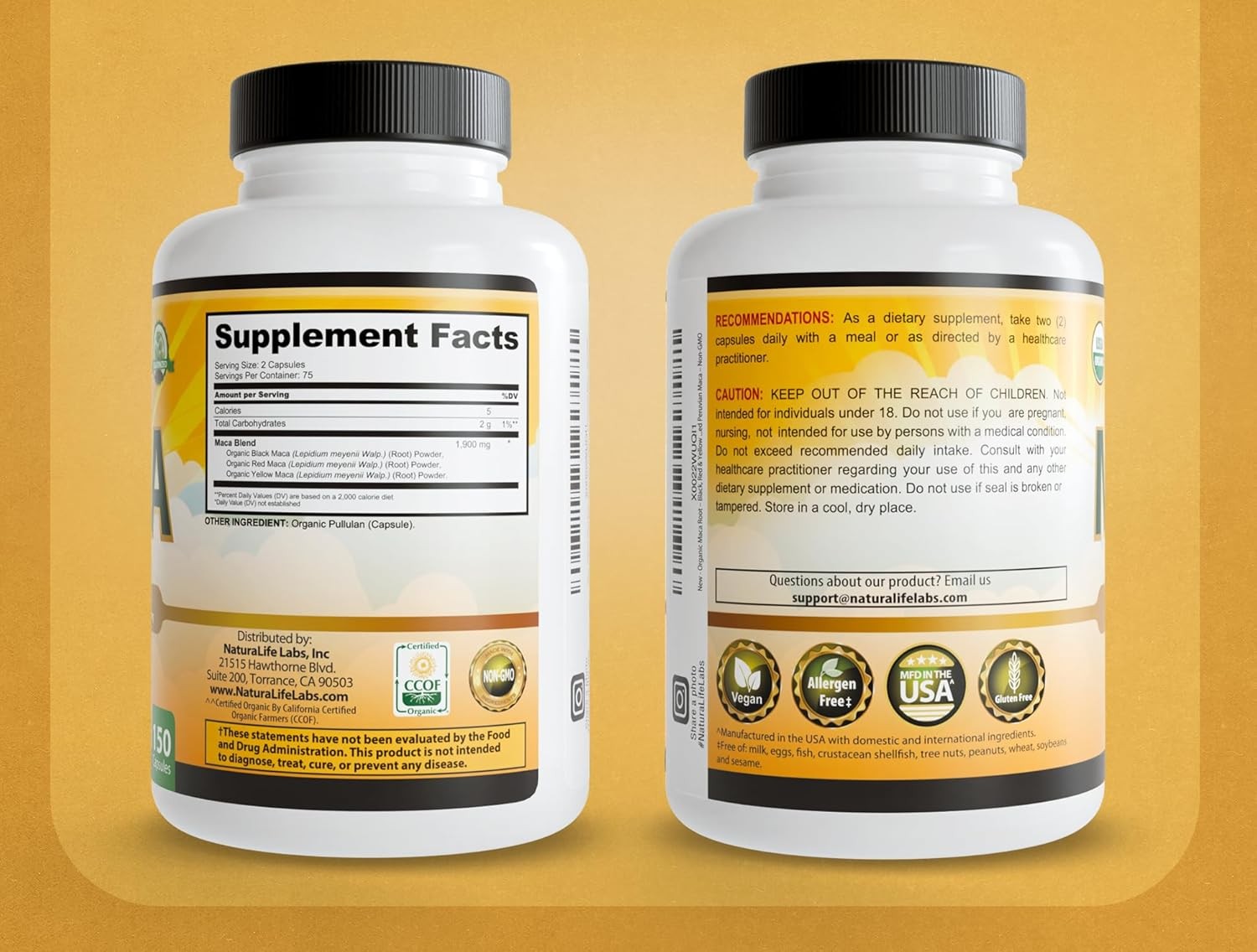 NaturaLife Labs Organic Maca Root – Black, Red & Yellow – 1900 mg per Serving –
