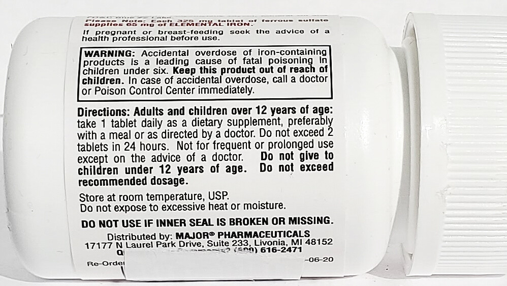 Major FeroSul (Ferrous Sulfate) 325 mg 100ct – Exp Date 01-2026