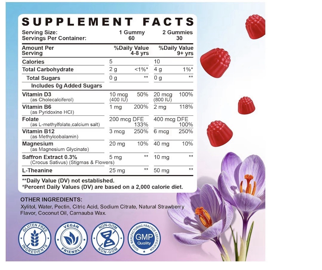 Scpt Yan Kids Saffron Calm & Focus Gummies Strawberry 60 Count Sugar-Free Vegan
