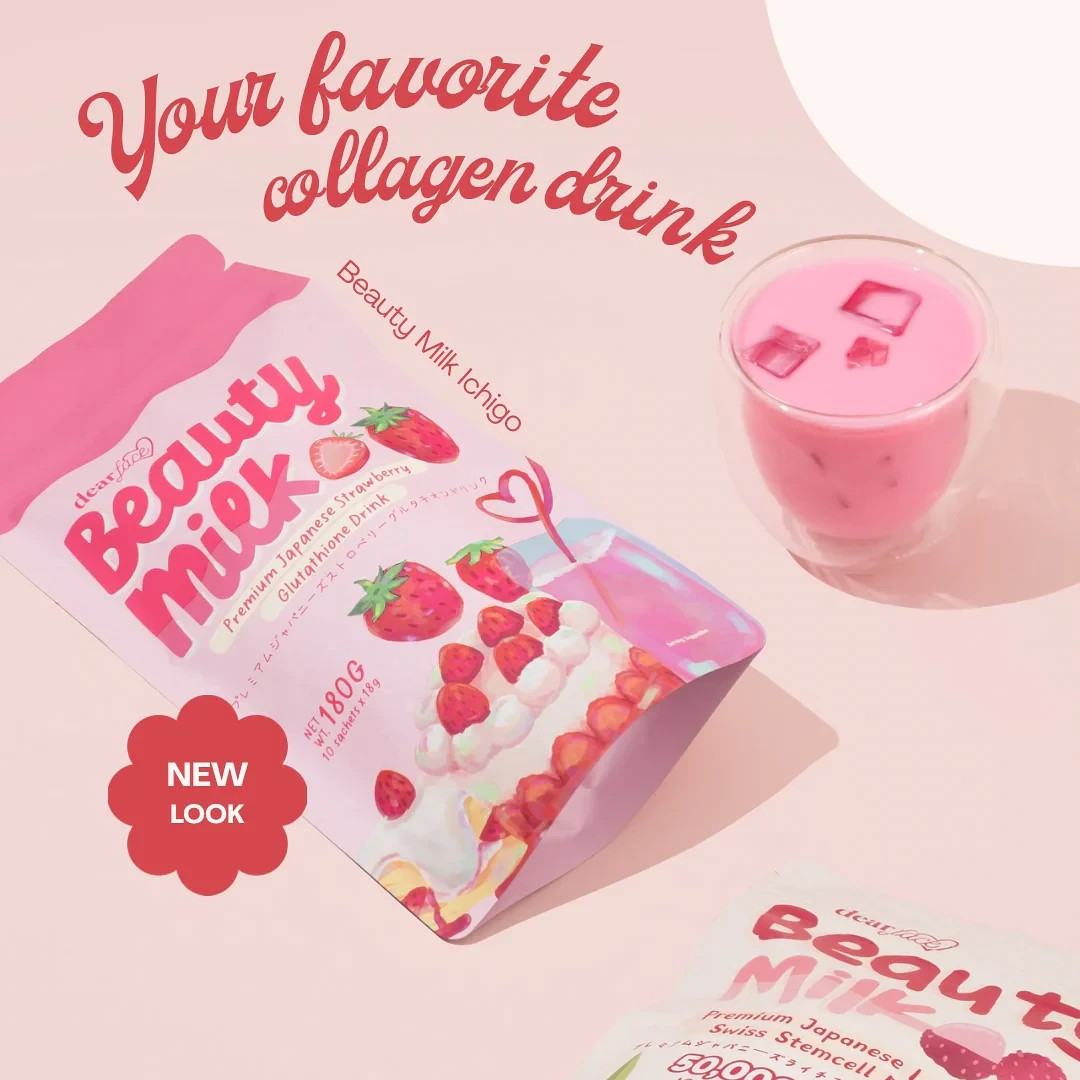 Dear Face Beauty Milk Japanese Collagen STRAWBERRY Drink, 10 Sachets X 18g
