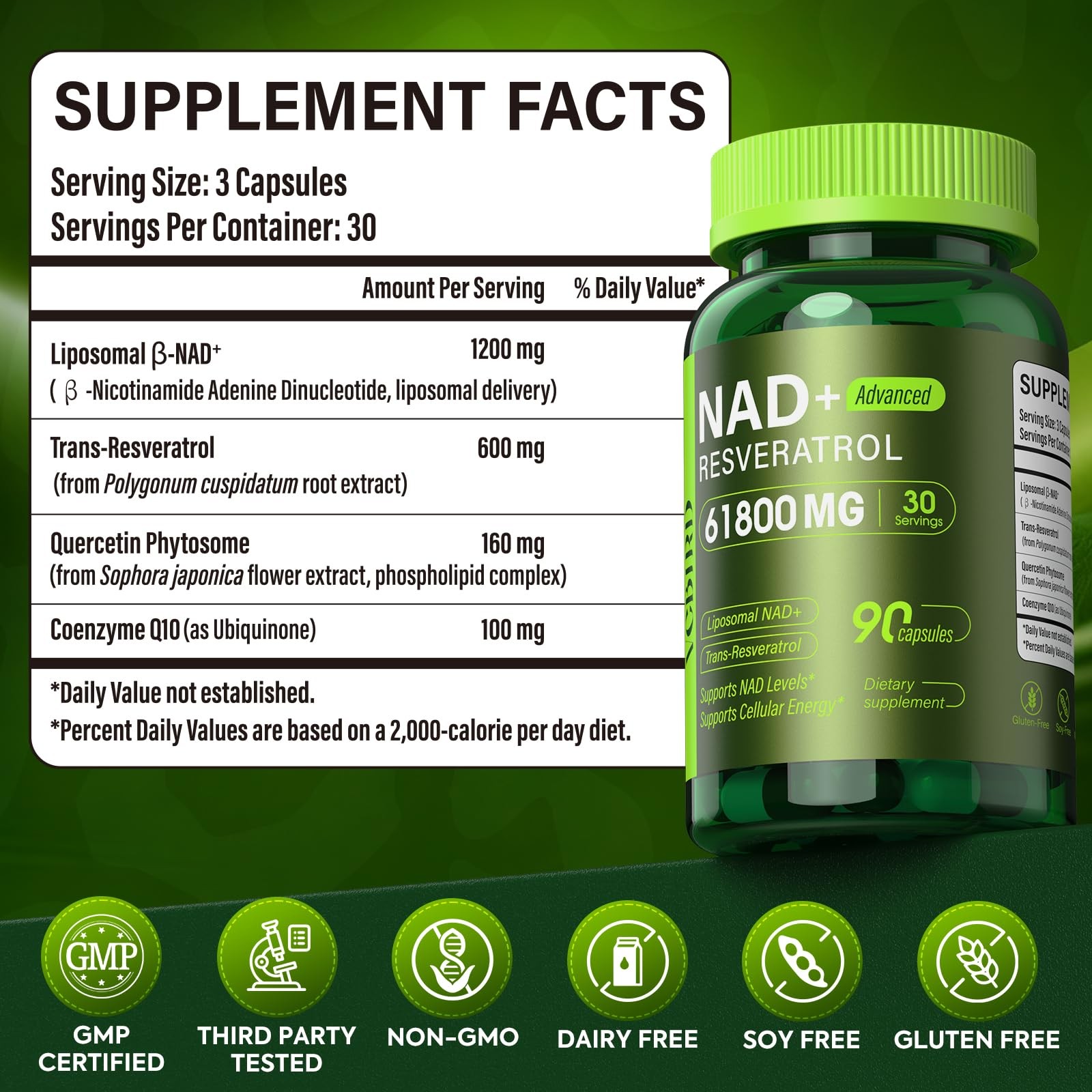Nad Resveratrol Supplement 61800mg Per Bottle – 90 Count (Pack of 1), Green