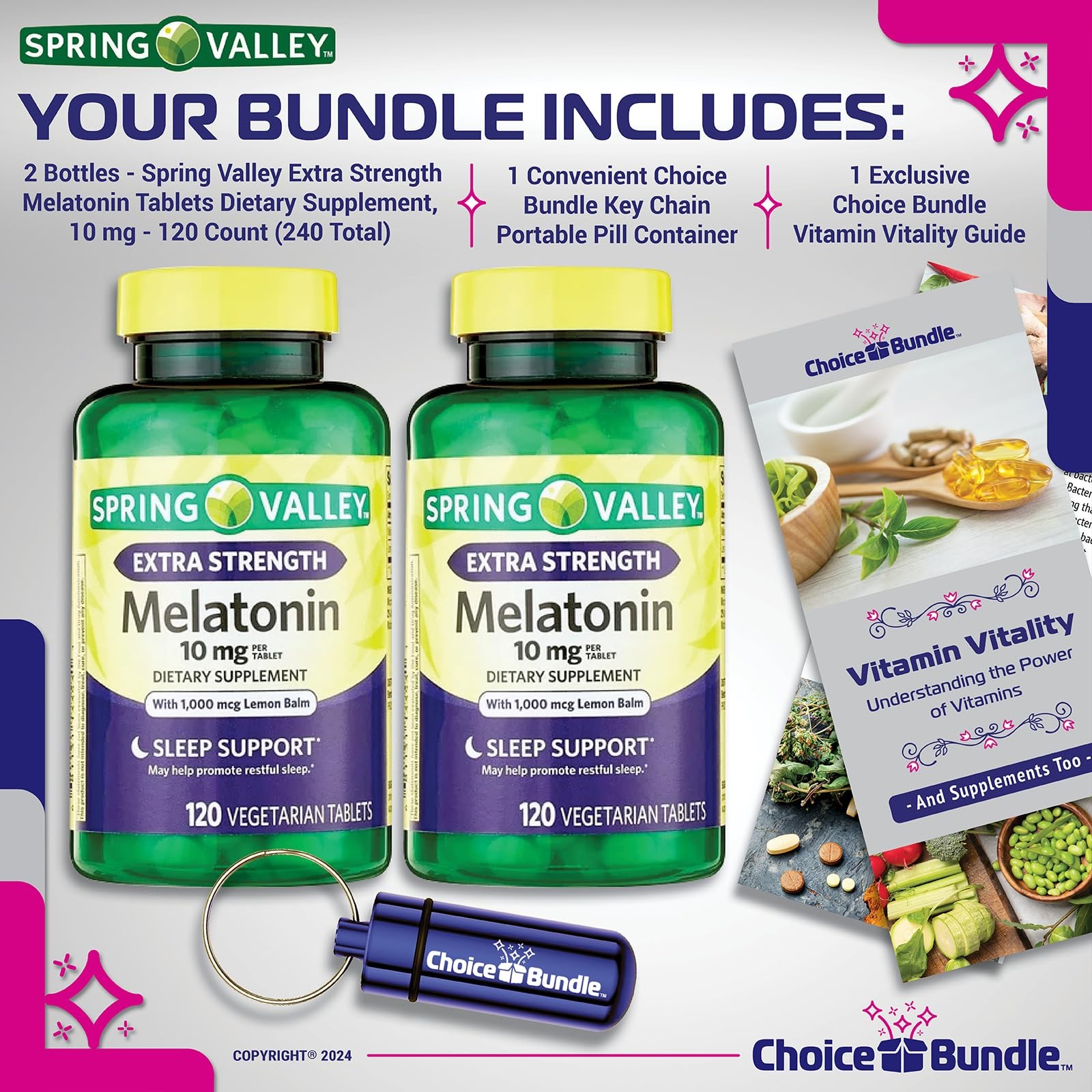 Spring Valley Melatonin 10mg Lemon Balm 2Pk (240ct) + Bonus Vit Guide & Case