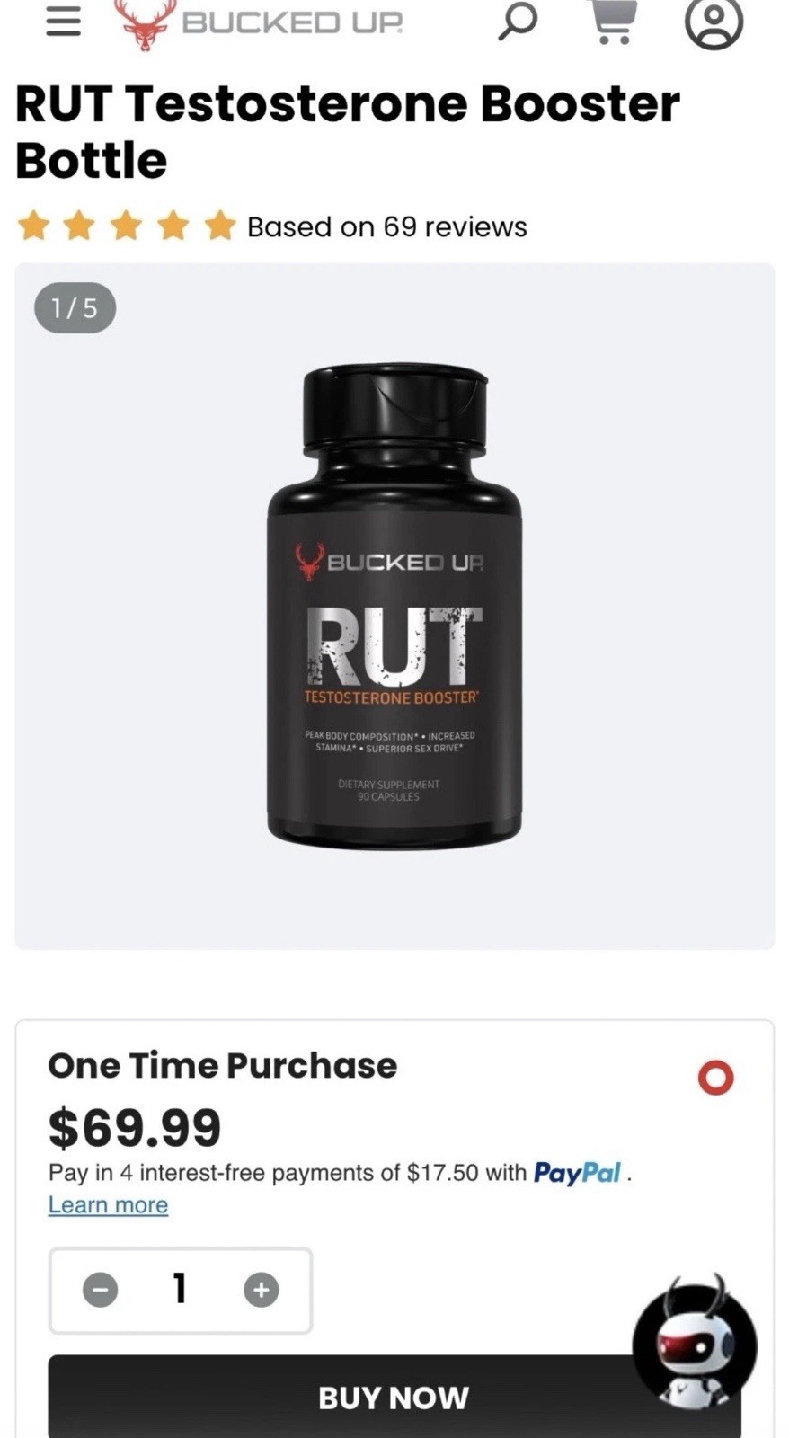 Bucked Up RUT Testosterone Booster 90 Capsules All Natural Vegan Gluten-Free